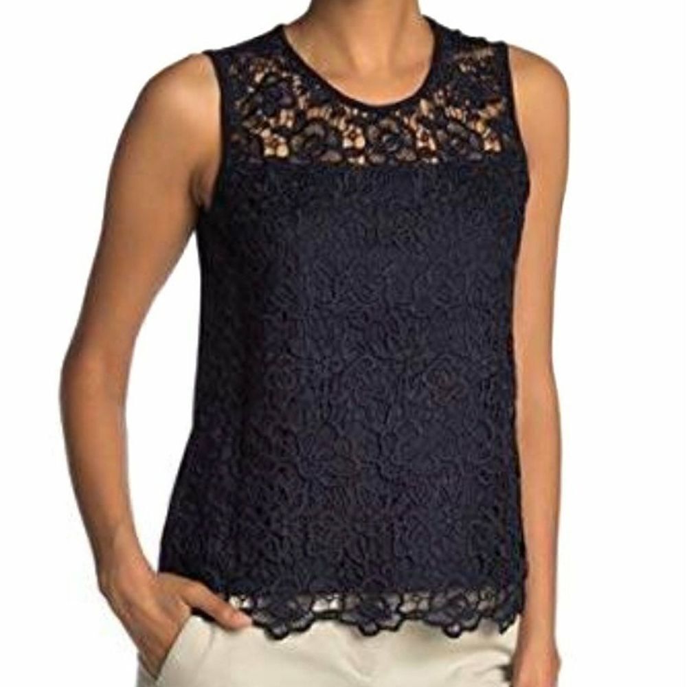 Nanette Lepore Sleeveless Lace Overlay Career Top Dark Navy Size Medium